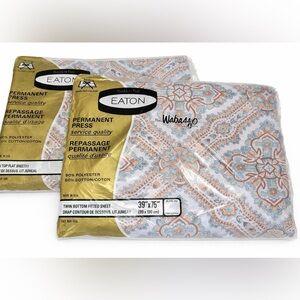 Vintage Eaton Wabasso Twin Sheet Set Permanent Press Turquoise Brown Paisley NOS